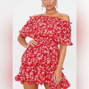 Red Floral Print Chiffon Bardot Ruffle Tiered Dress